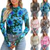 Women's Mock Neck Long Sleeve Mesh Top Slim Fit All Over Floral Print Y2K See Through Layering Shirt