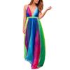Nové jarní a letní evropské a americké, dámské dlouhé šaty sexy hluboký V duhový síťovaný overal, šaty