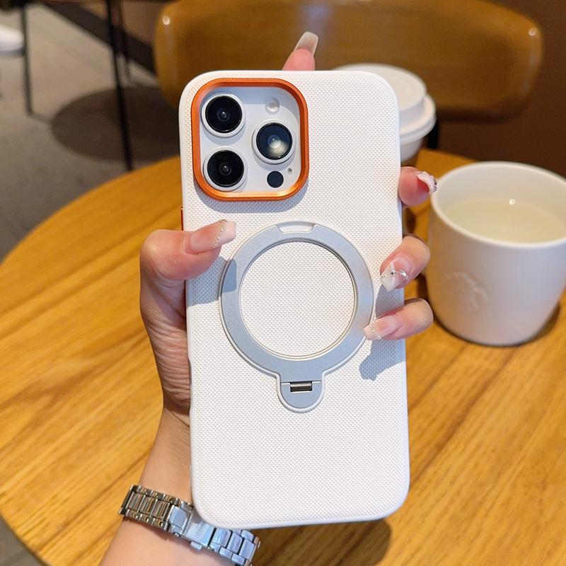 

For iphone 16 16E 15 Pro Plus Max Case Magnetic Metal 360° Rotation Holder Stand Grid Pattern Leather Good Grip Soft Back Cover Artificial leather&iPhone 16