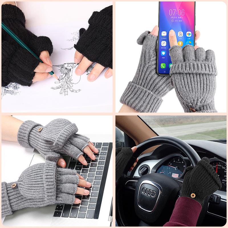 Gloves for Women In Winter Warm Gloves Knitted with Velvet Half Finger Flip Gloves Student Riding Bike Writing Finger Exposed Gloves Men
