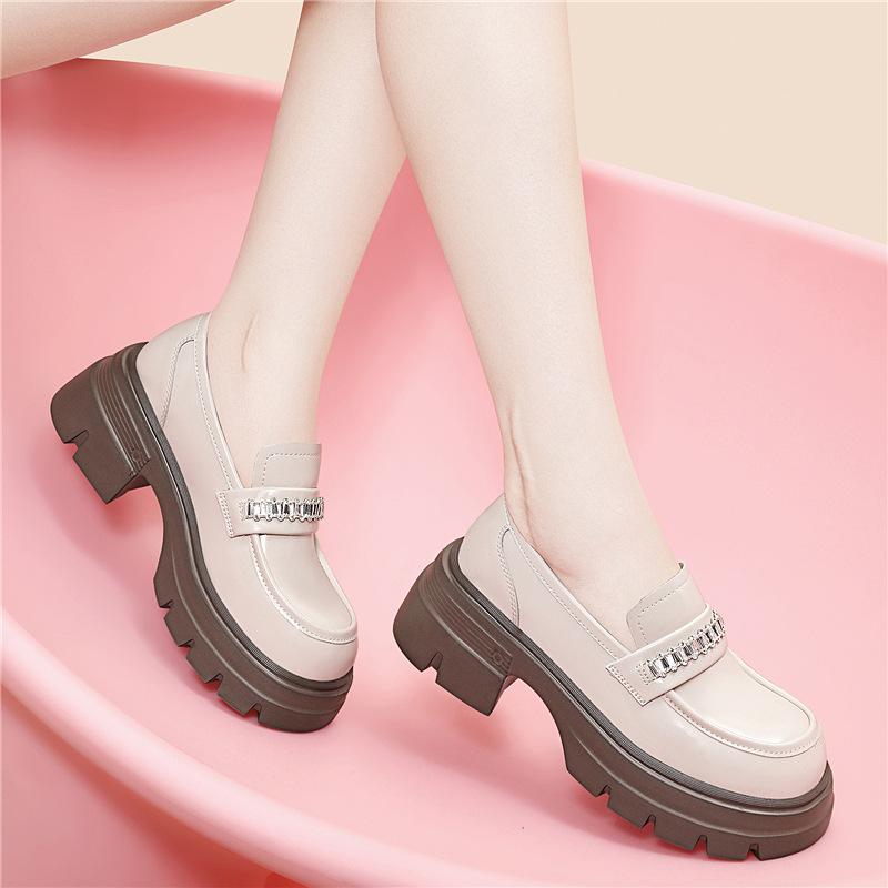 Temperament thick-soled heightening loafers women's new round-headed small leather shoes comfortable British style fashionable versatile casual shoes