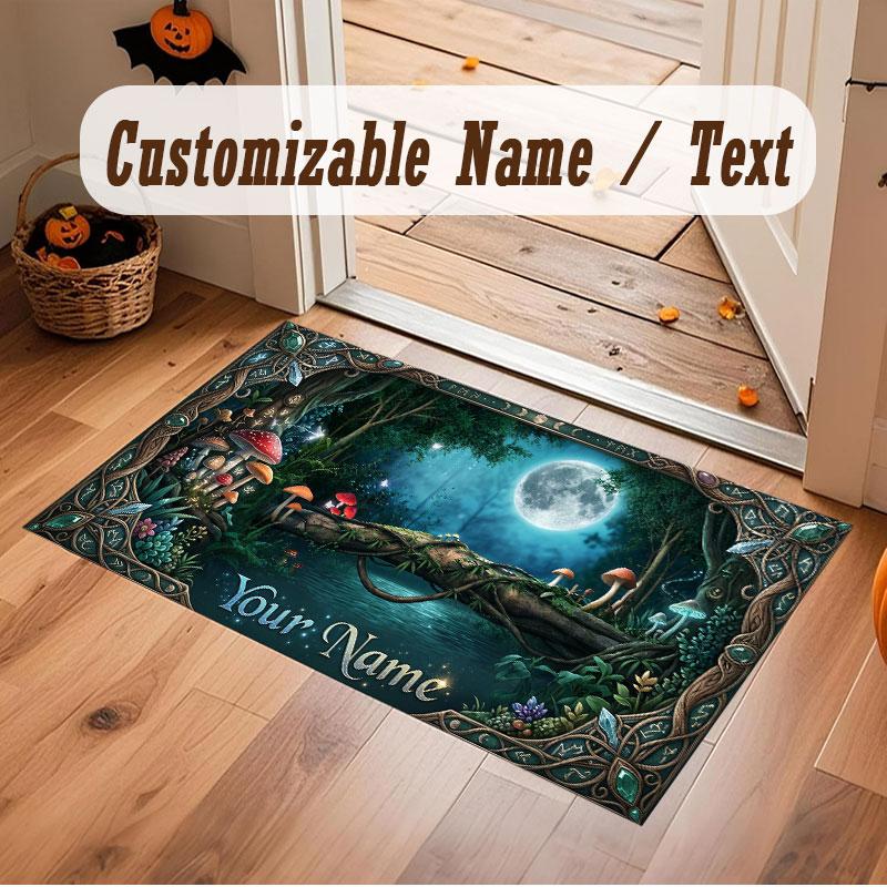 Mushroom Forest Theme Crystal Velvet Floor Rug Personalized Custom Name Text Warm Carpet Home Decoration