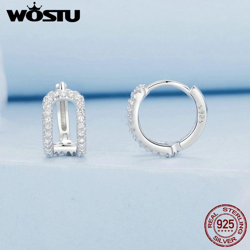 WOSTU 925 Sterling Silver AAA Zircon Wedding Earrings For Women Double-layered Stud Earrings Hoop Ear Buckles Party Jewelry Gift