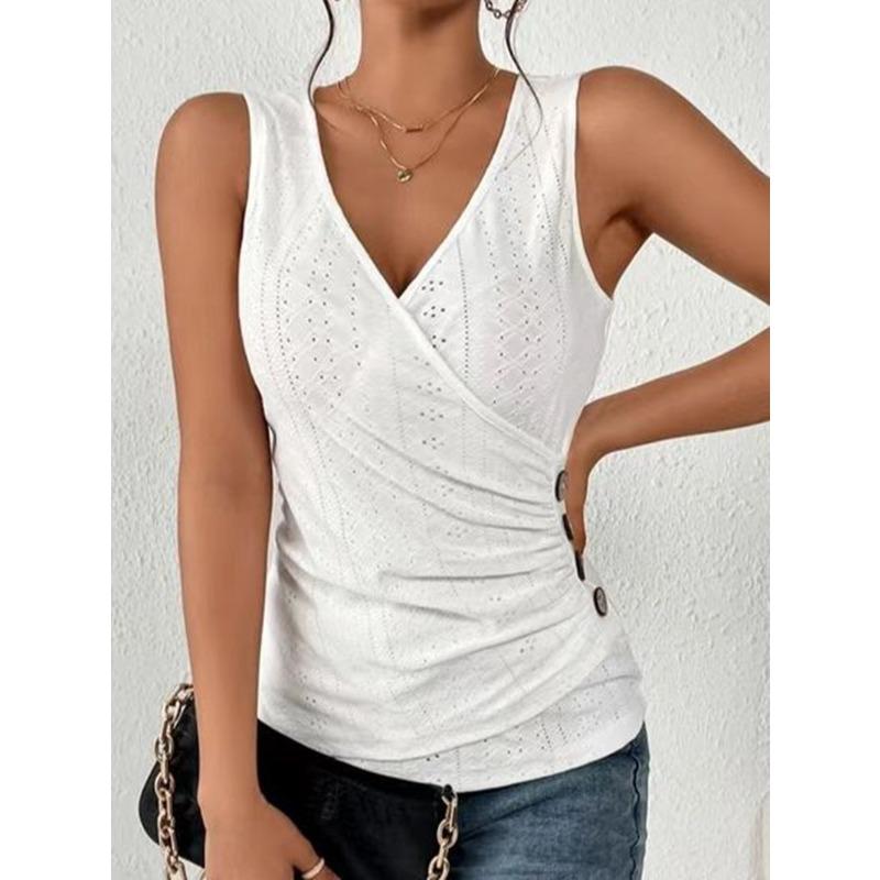 QICED Women's Fashion Casual Solid Color Print V-Neck Sleeveless  Blouses & Shirts