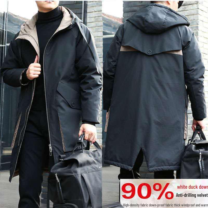 

Премиальная мужская куртка средней длины в корейском стиле - Толстая, теплая, на белом утином пуху для тренда делового кэжуала. 3XL 90-100kg чёрный