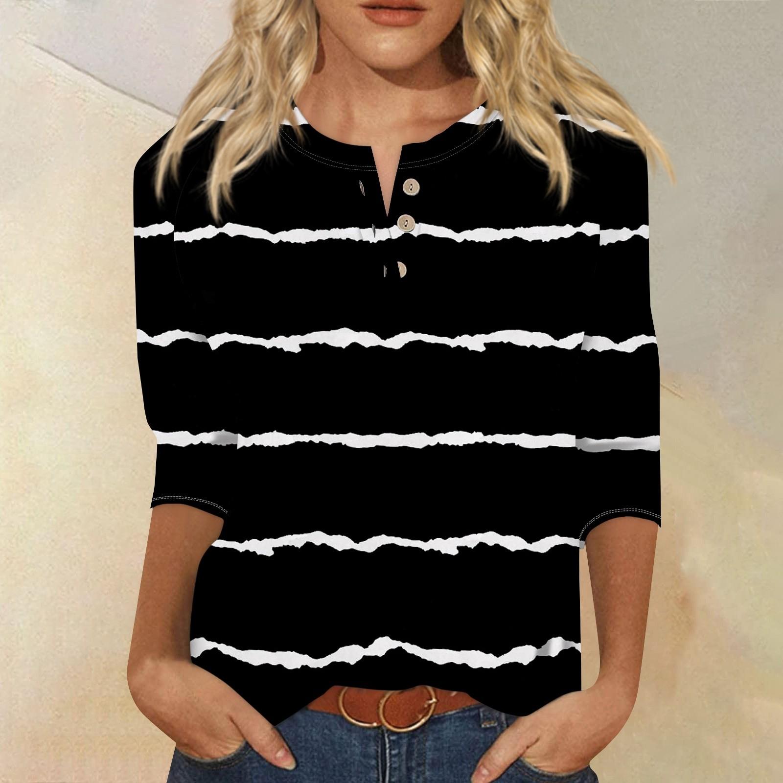 

Женская модная футболка, повседневная футболка с v-образным вырезом и пуговицами до плеч, рукав семь четвертей, топ S чёрный