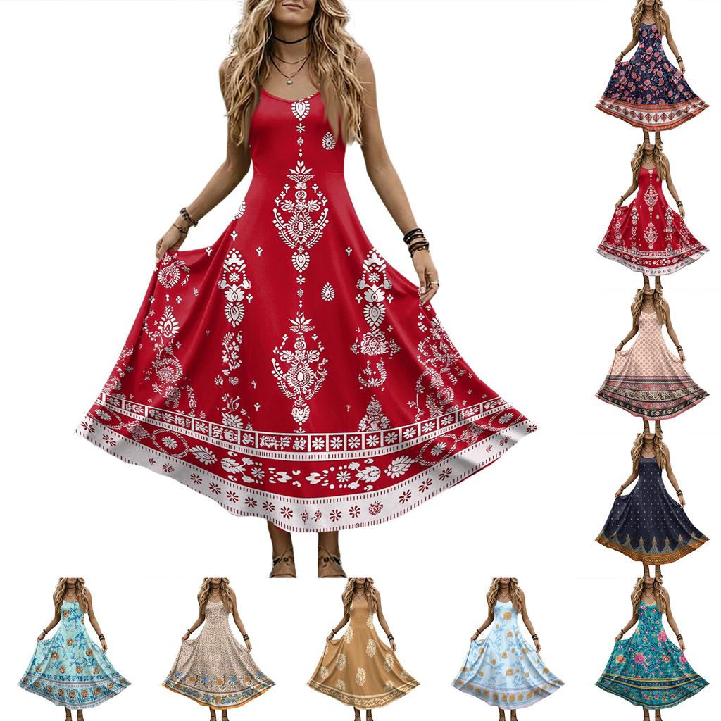 Women’s Sleeveless V Neck Maxi Dress with Spaghetti Straps and Floral Print Loose Fit Summer Long Dress for Daily Wear