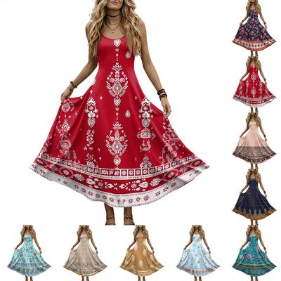 Women’s Sleeveless V Neck Long Maxi Dress with Adjustable Spaghetti Straps and Floral Print Pattern for Summer Casual Wear