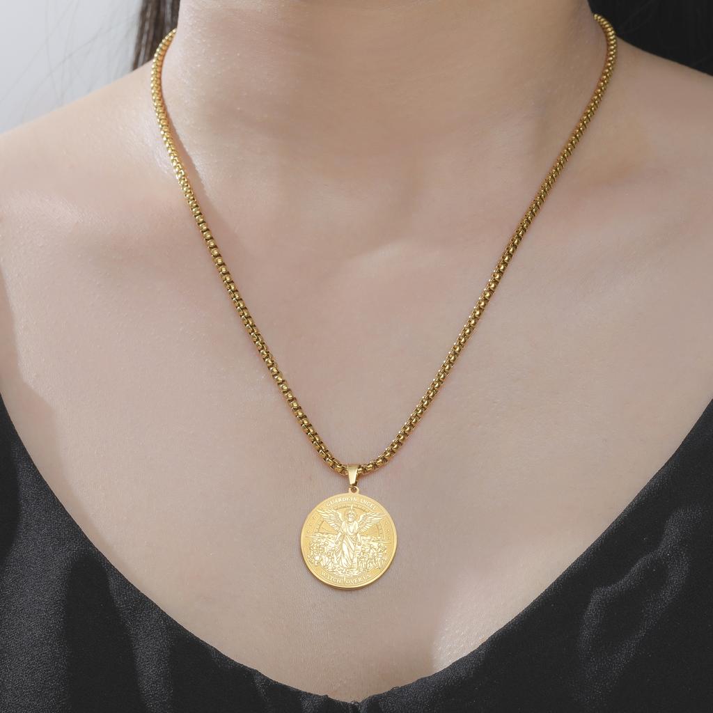 Guardian Angel Coin Pendant Necklace Stainless Steel Engraved Christian Catholic Protective Amulet Medal Jewelry For Men Women