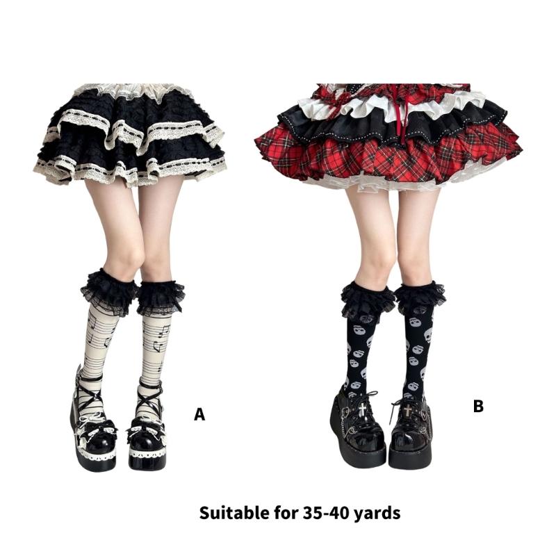 Women Knee Highs Socks Printed Compressions Stockings Lolitas Sweet Lace Ruffle Calf Socks Long Tube Socks Hosiery