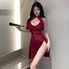 Sexy Sexy Hollowed-out Slim-fit Hip-wrapped Dress Made of Temptation Hot Bed Perspective Cheongsam Set