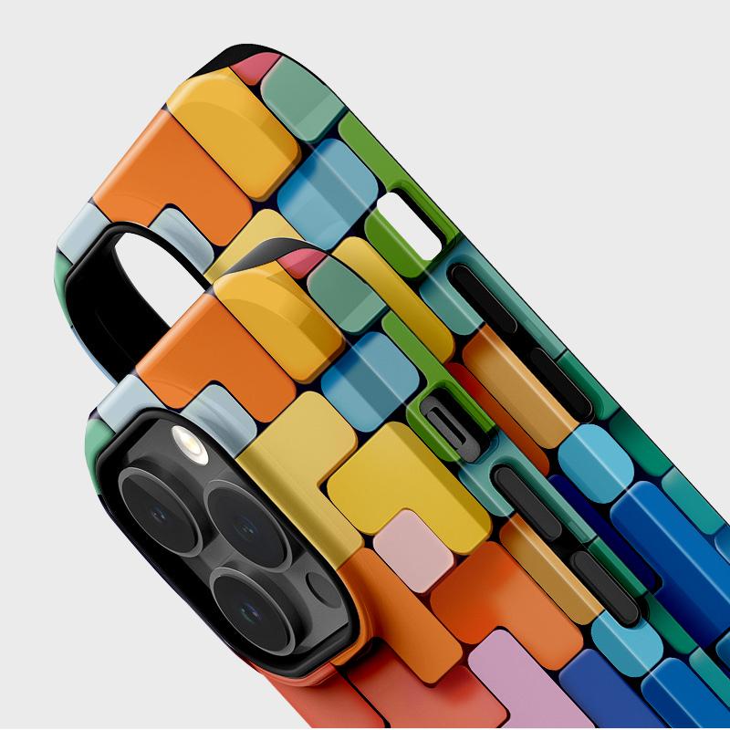 Sublimation Coated Glossy Phone Case Hard Plastic +TPU Soft TPU Shell Colorful Bricks Patterned Full Protective Back Cover for iPhone Samsung