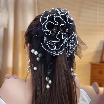 Mesh Flower Hair Claw Imitation Pearl Tassels Hair Clip High-End Versatile Ponytail Hairpin For Women Hair Accessories