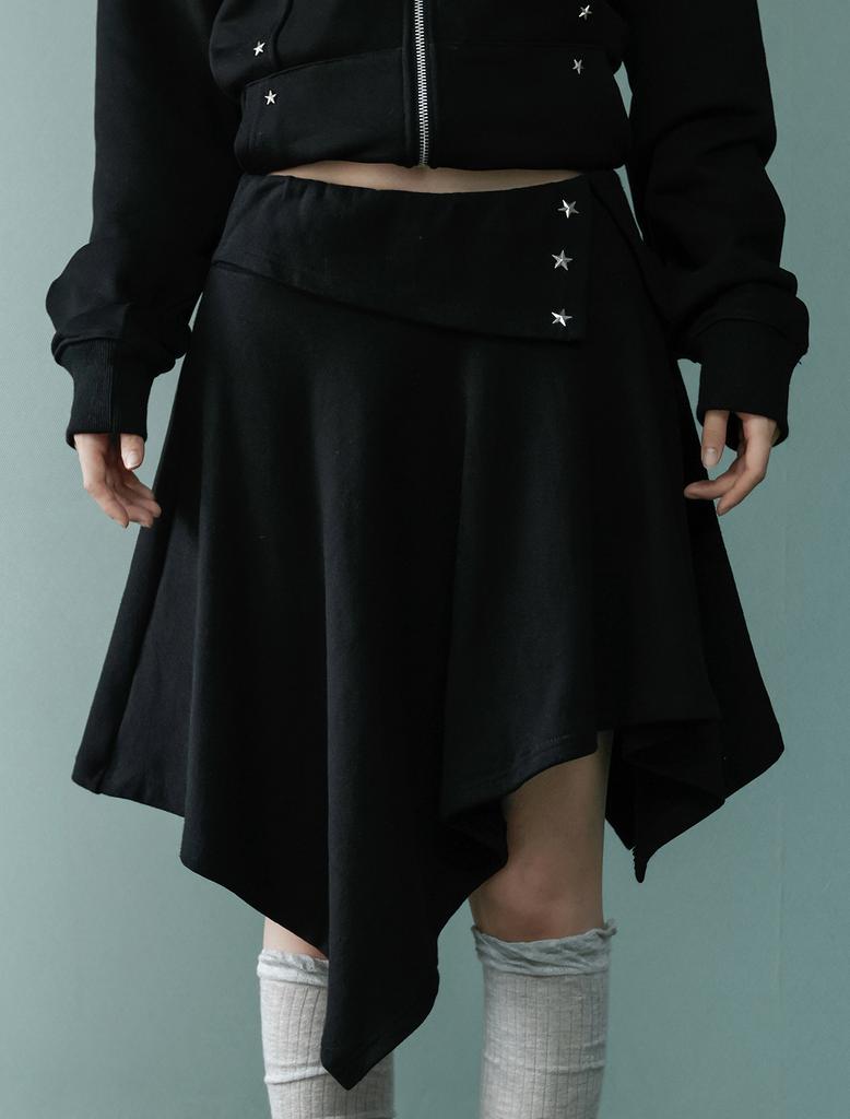 Lupeu Star Rivet Asymmetrical Midi Skirt Black