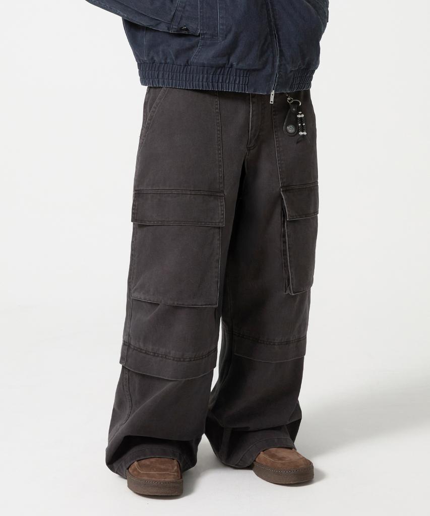 TRILLION Stone Washed Cargo Pocket Cotton Pants_Black