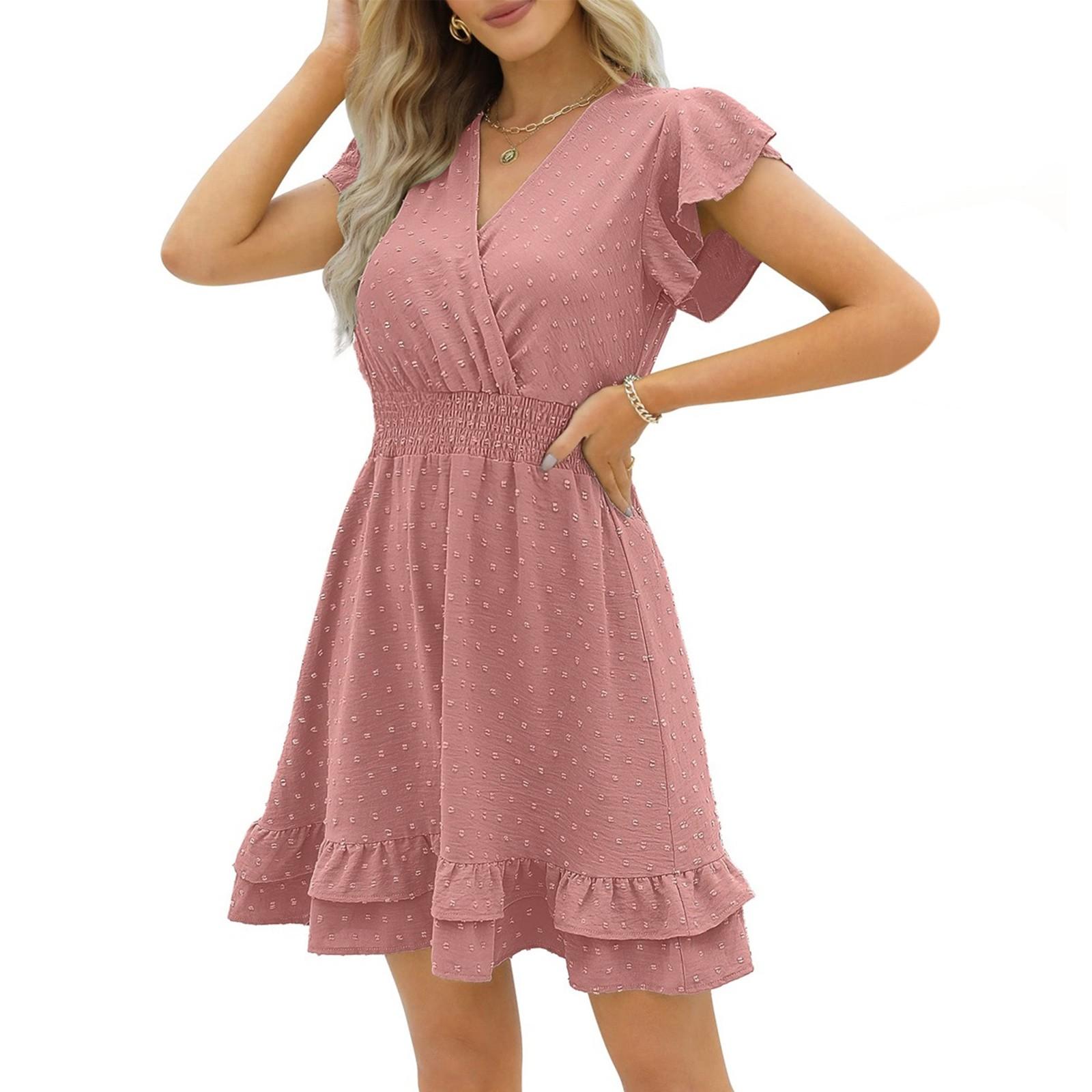 

Платья для женщин Одежда Платья Платья с v-образным вырезом и рюшами на рукавах с короткими рукавами и высокой талией XL розовый