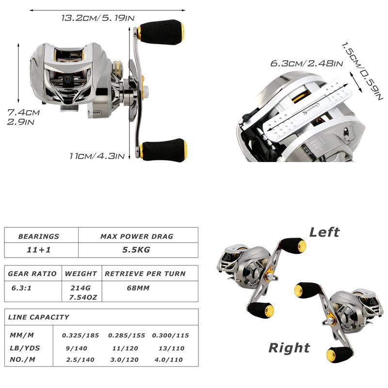 Baitcasting Fishing Reel -6.3:1 Low Profile Baitcaster Reel with Magnetic Brake System11+1BB