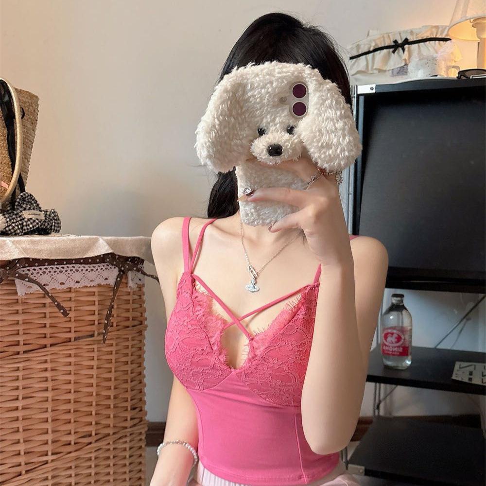 Summer sexy solid color lace cross sling vest women with chest pad inside and outside wear slim and slim back top