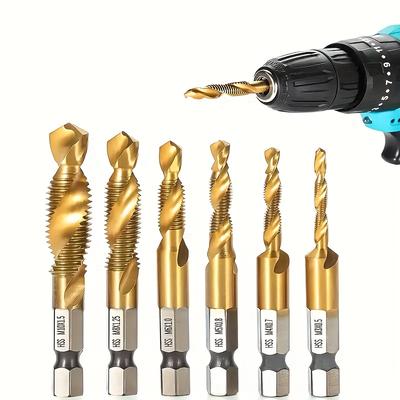 Combination Drill Tap Bit Set,6 PCS 1/4 "Hex Shank HSS Titanium Coated Spiral Tap Drill Bit Include M3 M4 M5 M6 M8 M10 Screw Tap