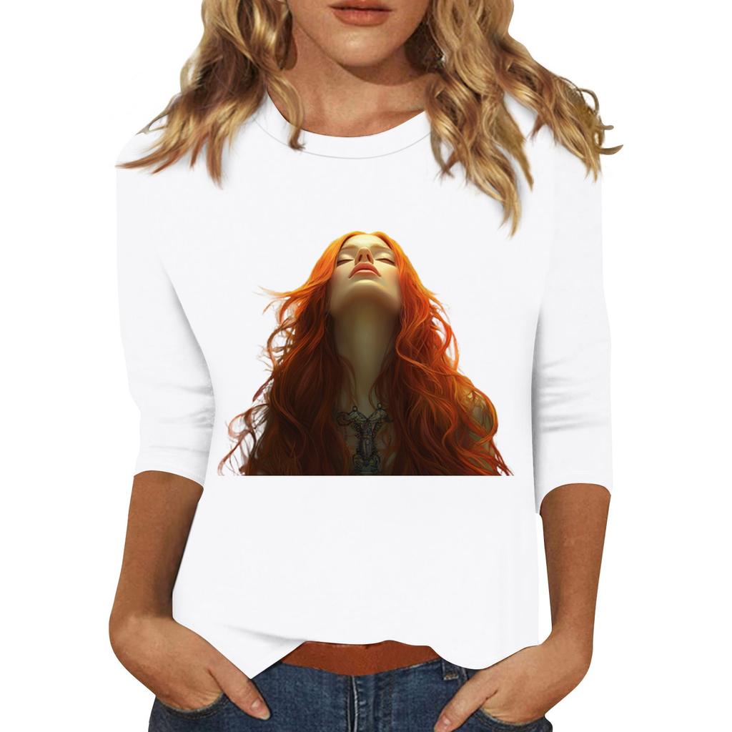 Women's Fashion Casual Three-quarter Sleeve Character Printed Round Neck Pullover Top