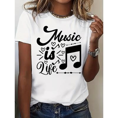 Women's Music Pattern Printed T-Shirt - A Casual Summer and Spring T-shirt Suitable for Music Lovers, a Spring Casual Top | Artistic Design At the Top