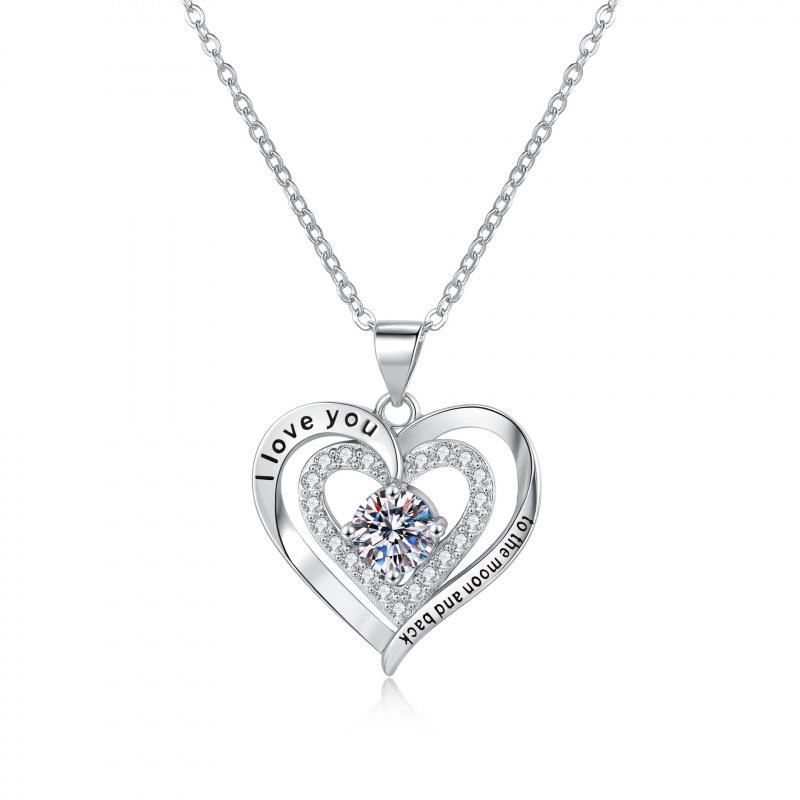 Double Heart December Birthstone Necklace with Engraved Diamond Pendant for Women платиновый