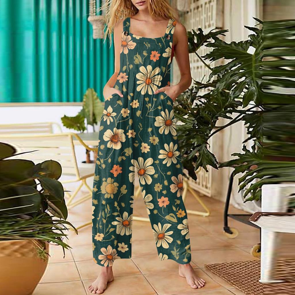 Womens Casual Overalls Jumpsuits Adjustable Straps Sleeveless Bohemian Comfy Rompers With Pocket