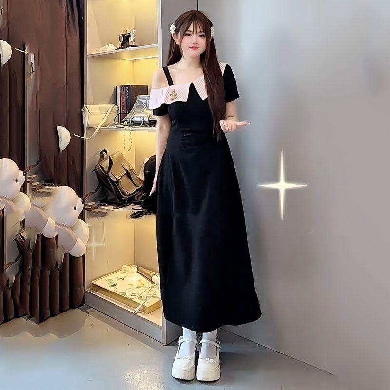 Large Size French Temperament Dress Summer Short Sleeves Fat Mm Thin Waist Lapel Off Shoulder High-end Skirt