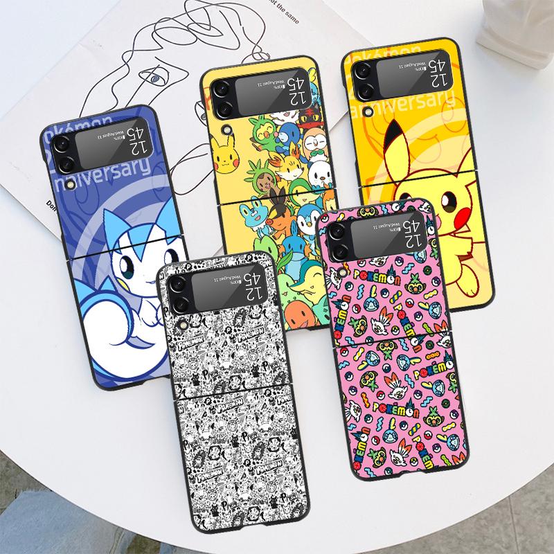 

Case For Samsung Galaxy Z Flip 3 4 5G Black Hard PC Anti-knock Back Luxury Phone Cover Flip3 Flip4 Shell Cartoon Comic Pokemon