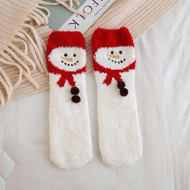 Autumn/Winter Coral Fleece Cartoon Socks - Half Fleece Sleep Women's Socks with 3D Embroidery Christmas Socks