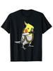Men's Black Cotton T-Shirt with Fun Cartoon Cockatiel Pattern - Lightweight and Breathable Crew Neck T-Shirt