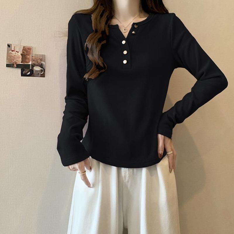 Autumn and Winter Pure Cotton New Style Right Shoulder Slim Long Sleeve T-shirt Large Size Fashionable Versatile Women's Top