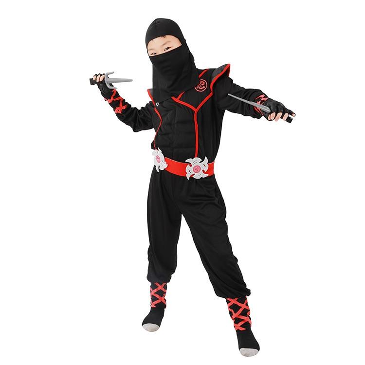 Costume da Ninja per Bambini Set Gioco di Ruolo Tessuto Morbido Nero/Rosso 4-5 Anni 120cm con Accessori