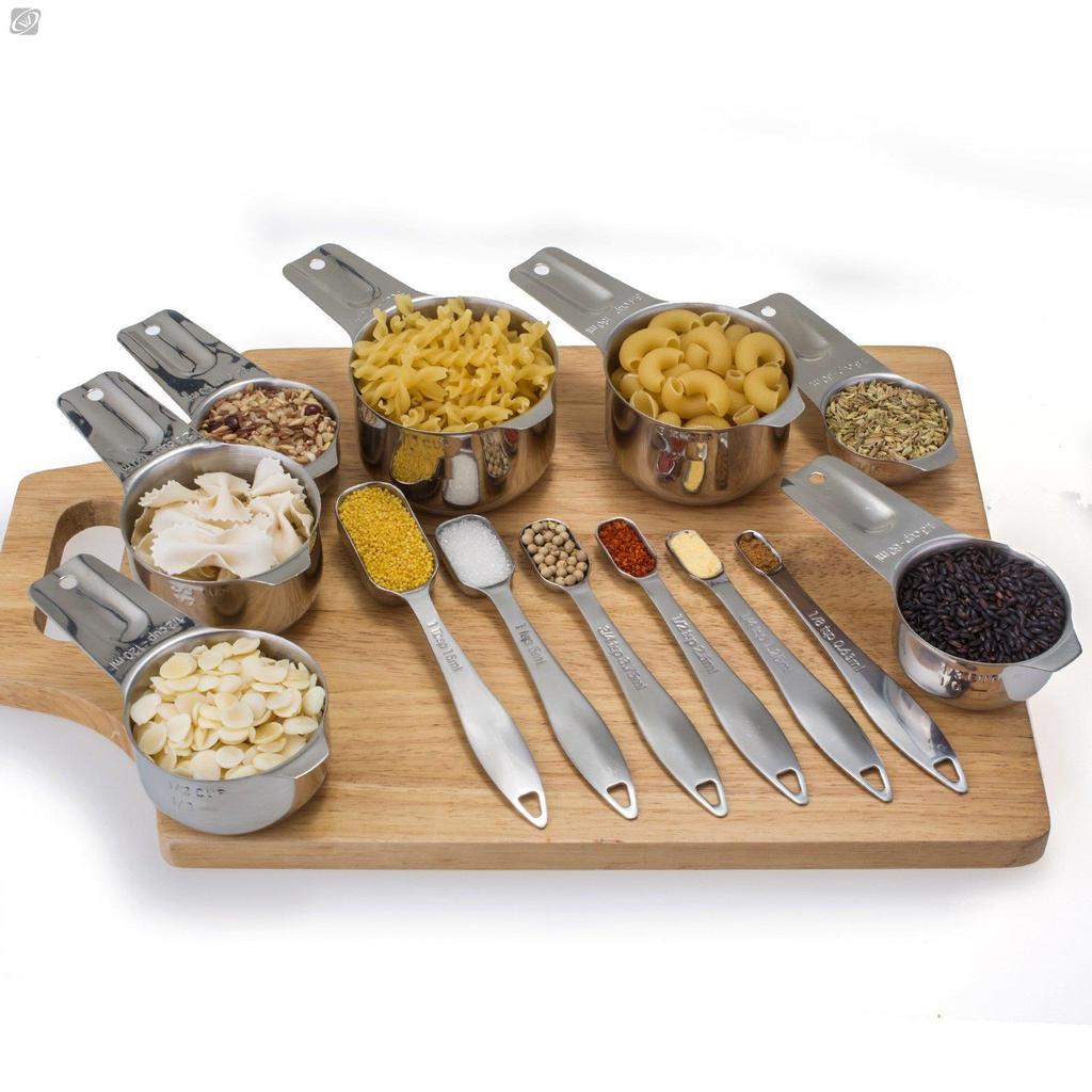 13 Pc Stainless Steel Measuring Cups and Spoons Set Deluxe Premium Stackable Tablespoons Home Tools Kitchen Accessories Portable