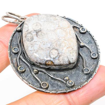 Natural Fossil Coral Gemstone Handmade 925 Sterling Silver Pendant 2.32" D0m93