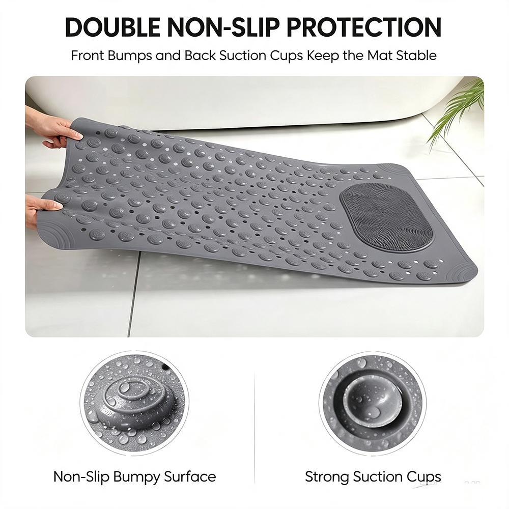 Non-Slip Shower Mat for Elderly Anti Fall Safety Bath Mat with Foot Scrubber, Suction Cups Drain Holes Bathroom Floor Mat