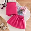 2PCS Girls Flower Applique Sleeveless Vest & Pleated Skirt Set, Button-Down Two-Piece Outfit