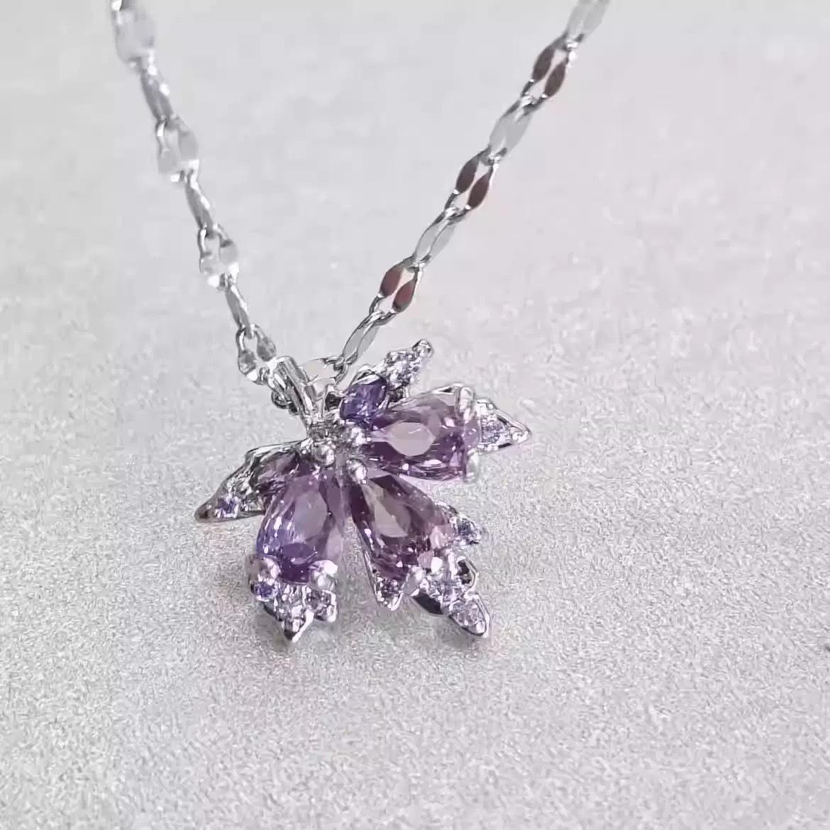Purple Zircon Maple Leaf Necklace - Women s Fashionable Titanium Steel Design кленовый/фиолетовый