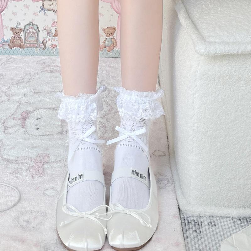 Lace Trim Lolita Ballet Bow Mid-Calf Socks - Spring/Summer Hollow Out Style