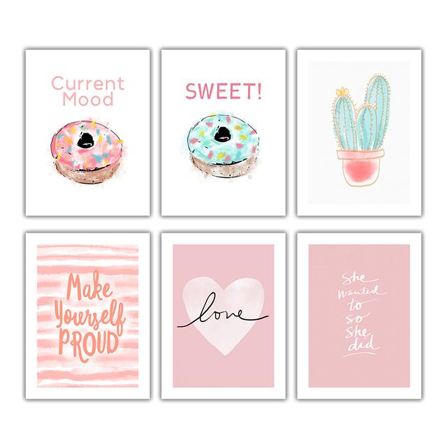 Pink Dessert Love Cactus Cartoon Picture Wall Art Poster Girl  Room Canvas Paintings For Nursery Decorative Prints Wall Posters