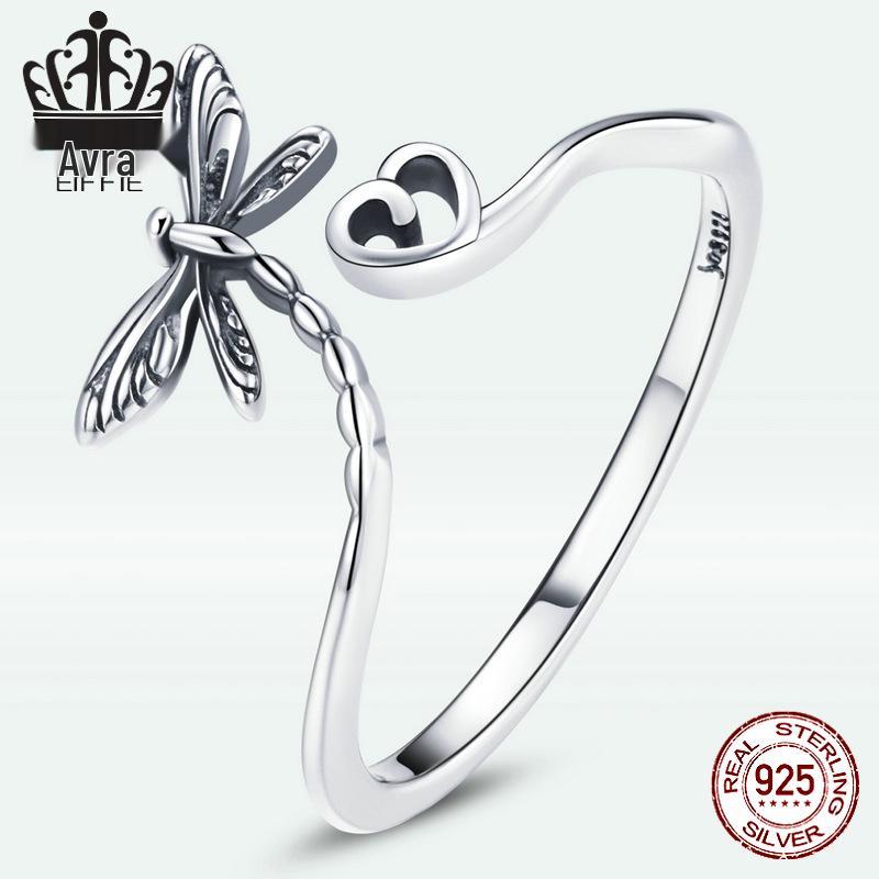 Sterling Silver S925 Dragonfly Love Open Ring - Heart-Shaped Fashion Jewelry
