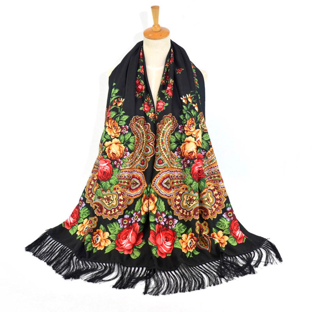 

Женский женский галстук с народным принтом и квадратным шарфом с кисточками, шаль, дорожный шарф 200*70cm чёрный