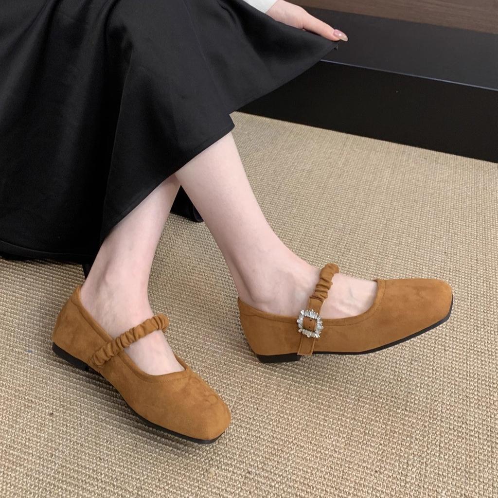 Retro Square Head Shallow Mouth Single Shoes Women's Spring New French Suede Gentle Fairy Soft Flat Mary Jane Shoes