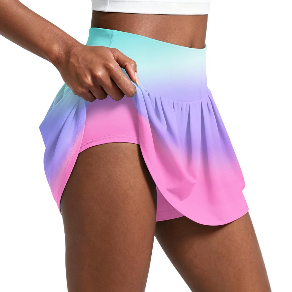 Women's Gradient Print Pleated Skort Athletic Tennis Running Yoga Skirt with Built-in Shorts Lightweight Breathable Fabric
