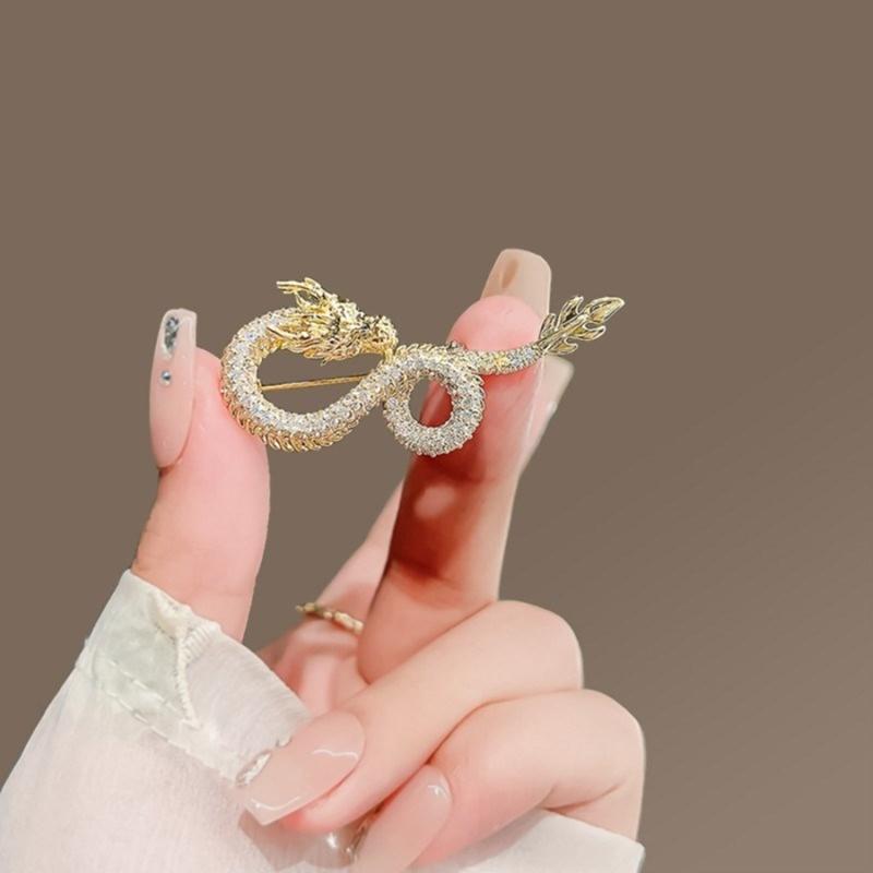 Chinese Zodiacs Shape Brooch Sparkling Dragons Zircon Lapel Pins for Women Animal Themed Breastpins Stylish Accessory