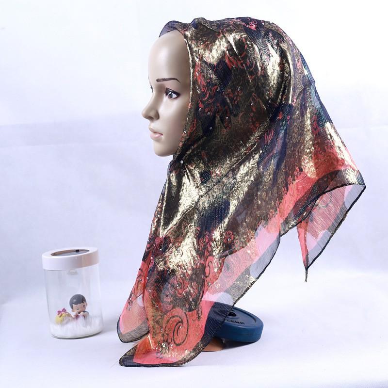 Silk Square Scarf Women Floral Print Embellished Rhinestone Cutwork Woven Headwrap Lightweight Accessory Street Style