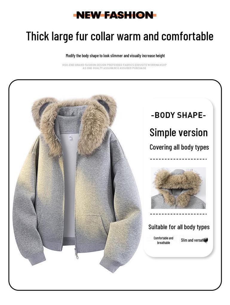 Unisex Teddybär-Ohren Pelzkragen Strickjacke Hoodie - Herbst/Winter 2026 Lockerer College-Stil Jacke