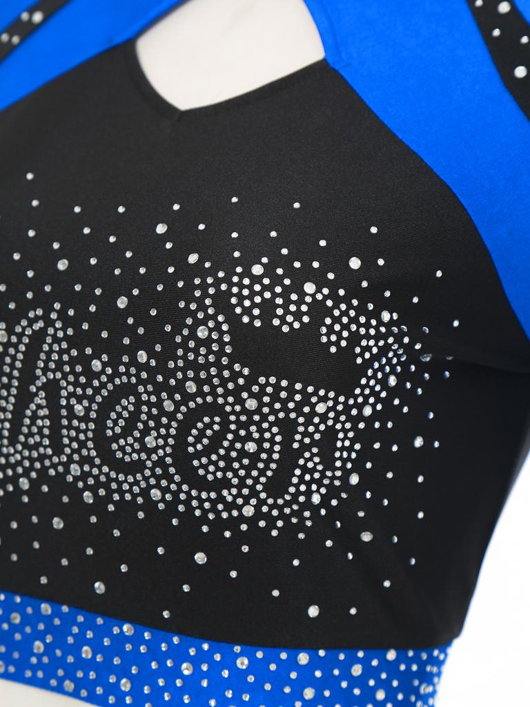 Womens Cheerleading Outfit Two Piece Long Sleeve Hollow Out Crop Top Skater Skirt Sparkle Rhinestone Apparel