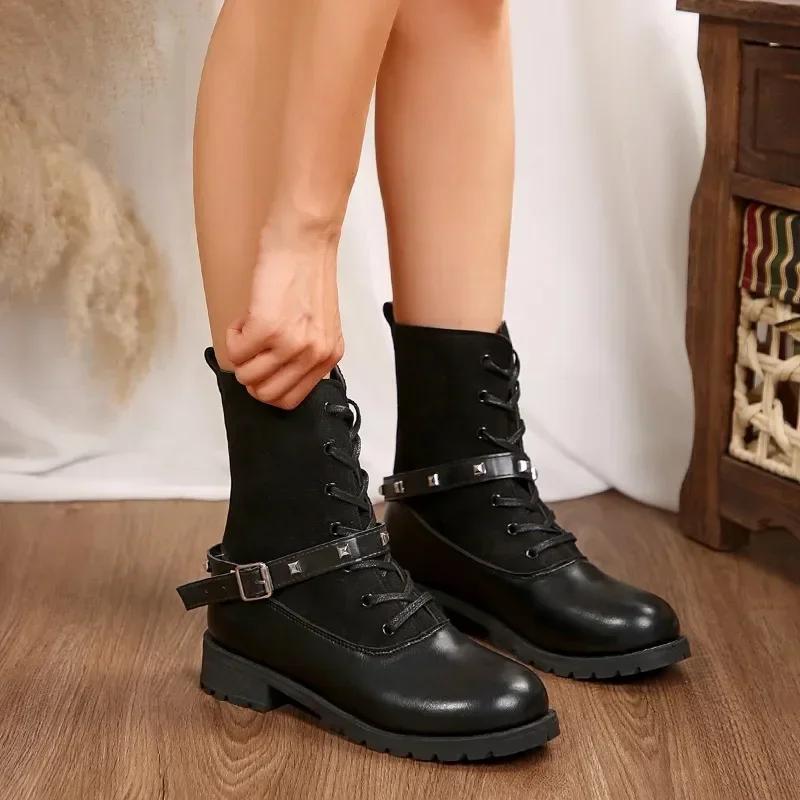 Mode Damen Schuhe im Sale 2024 Schnürstiefel Damen Herbst Winter Runde Zehenpartie Einfarbig Kurzer Schaft Klobige Absätze Übergröße Mode Stiefel