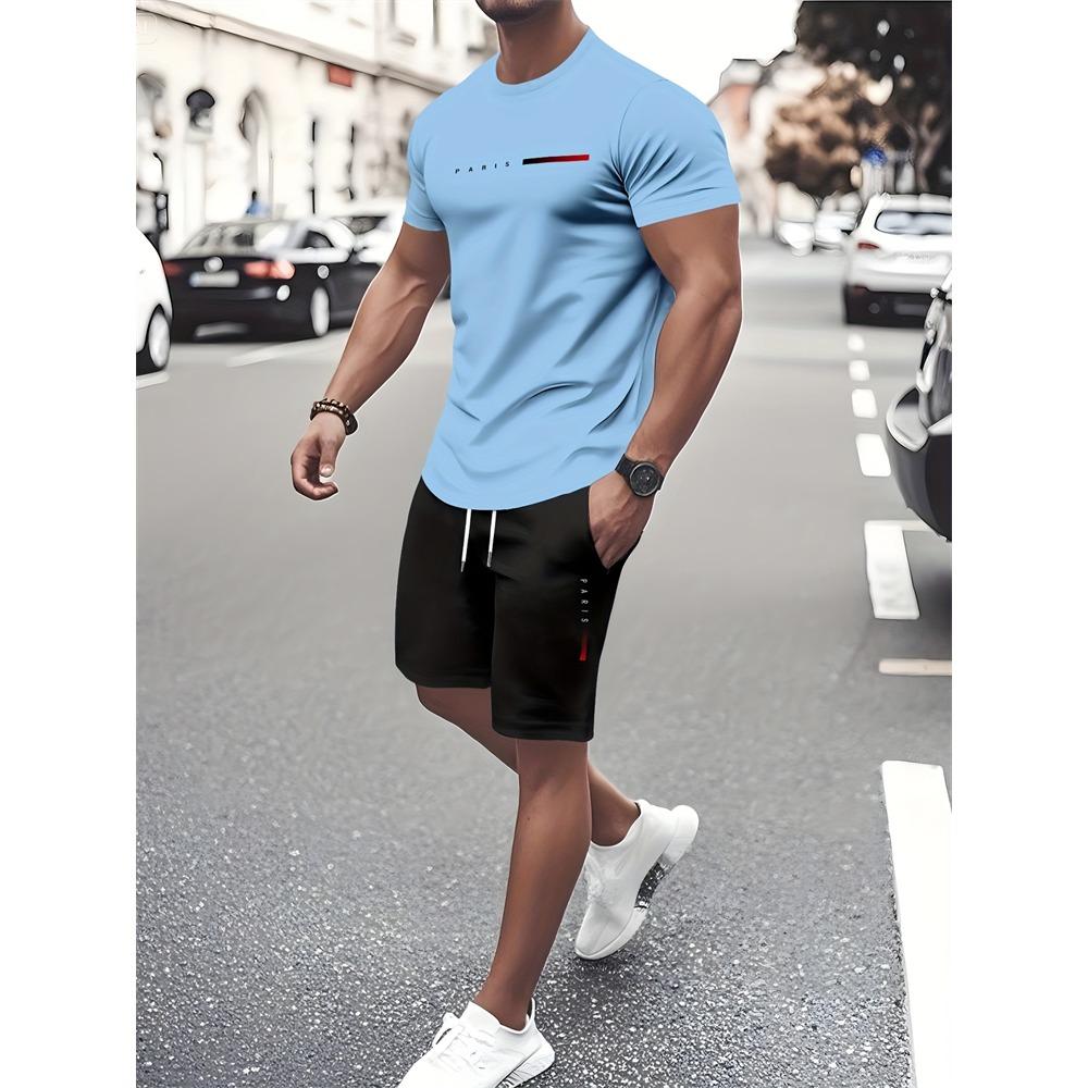 New Stitching Printed Men's Suit Summer Round Neck Short Sleeve Top And Casual Shorts Fashion Street Style Two-Piece Set